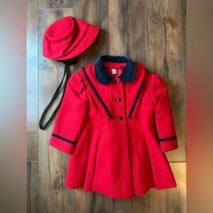 Vintage Rothschild Red Wool Coat & Hat Set Black Trim Retro Holiday